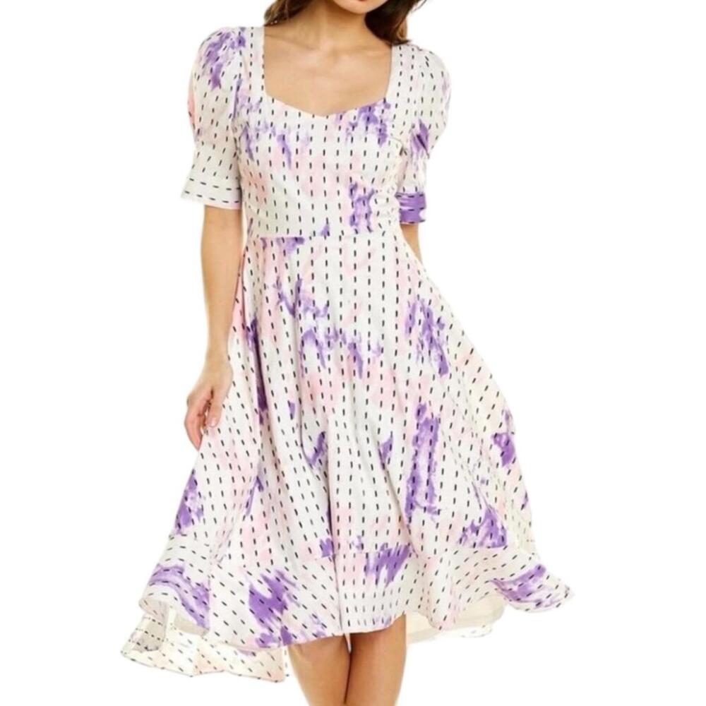 NWT BCBGeneration White Printed Puff Short Sleeve A Line Midi Dress Size 8